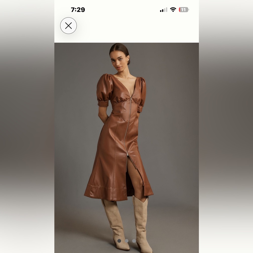Anthropologie Faux-Leather Puff-Sleeve Zip-Front Midi Dress In Brown NWT